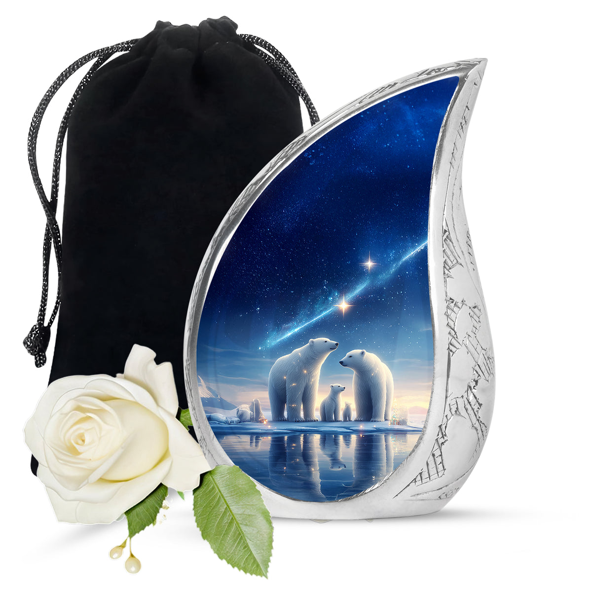 Vivid Blue Bear Cremation Urn front view showing detailed design - smooth teardrop contour featuring bear art - full-size 10 inch 200 cubic inch adult cremation urn