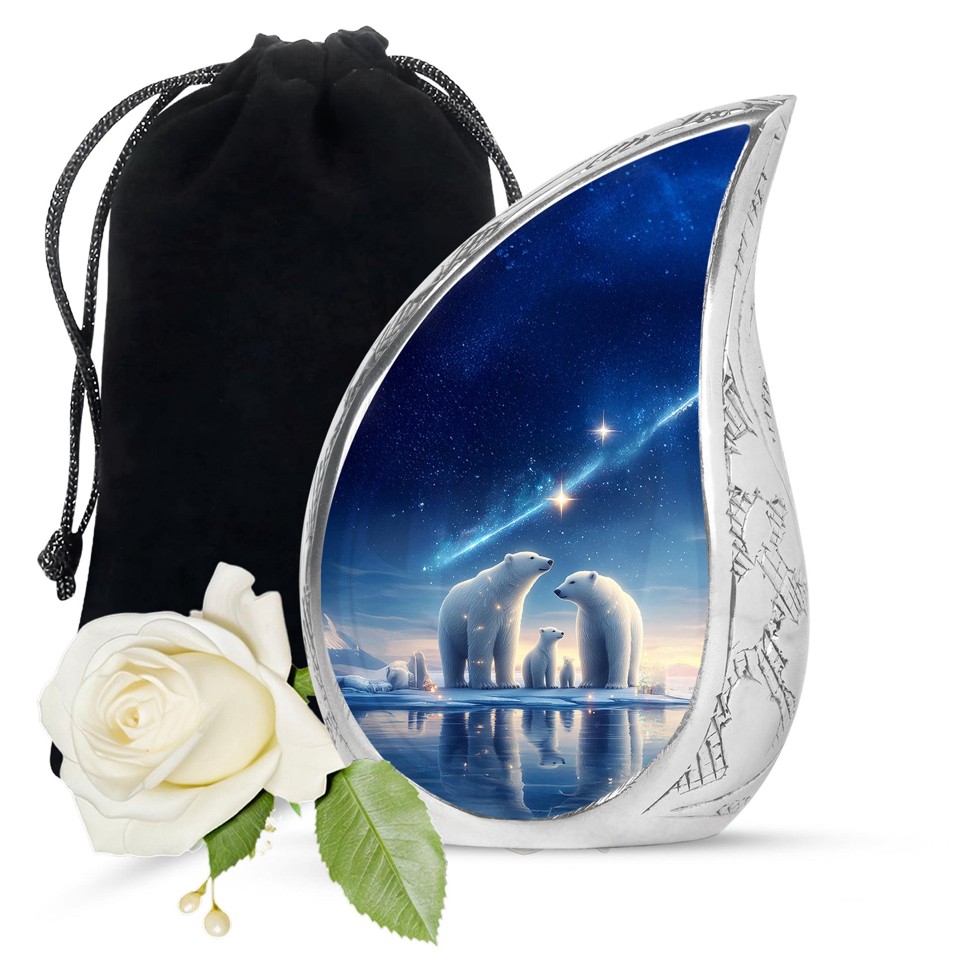 Vivid Blue Bear Cremation Urn front view showing detailed design - smooth teardrop contour featuring bear art - full-size 10 inch 200 cubic inch adult cremation urn