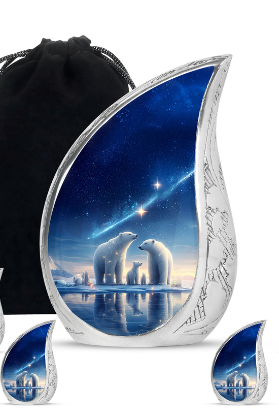 Powder Blue Bear Cremation Urn side profile showing urn shape - flowing teardrop bear silhouette on curved aluminum - memorial set with one large and four small urns