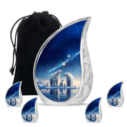 Powder Blue Bear Cremation Urn side profile showing urn shape - flowing teardrop bear silhouette on curved aluminum - memorial set with one large and four small urns