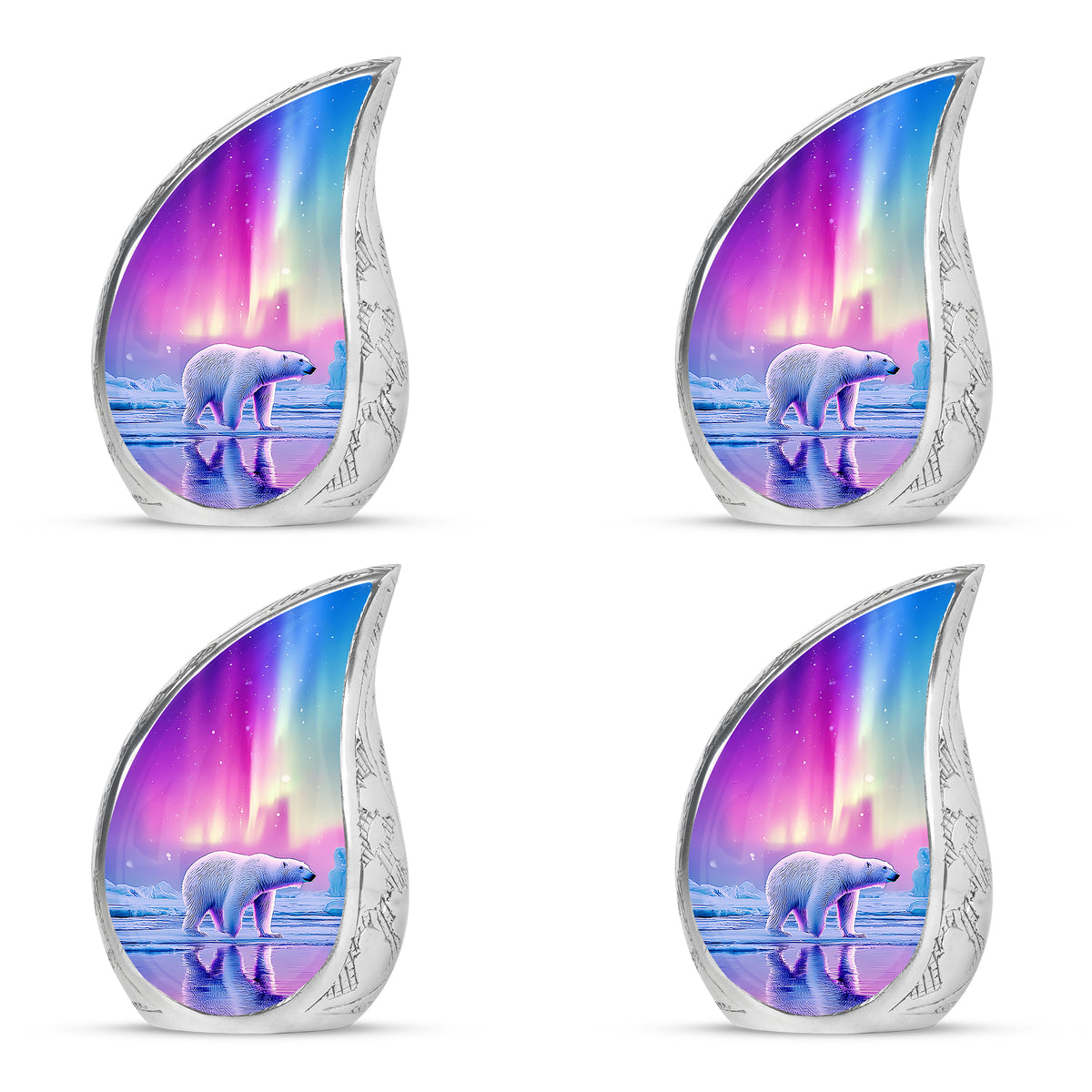 Blush Pink Bear Cremation Urn close-up of engraving and surface detail - flowing teardrop bear silhouette on curved aluminum - 10 inch aluminum urn for cremated remains