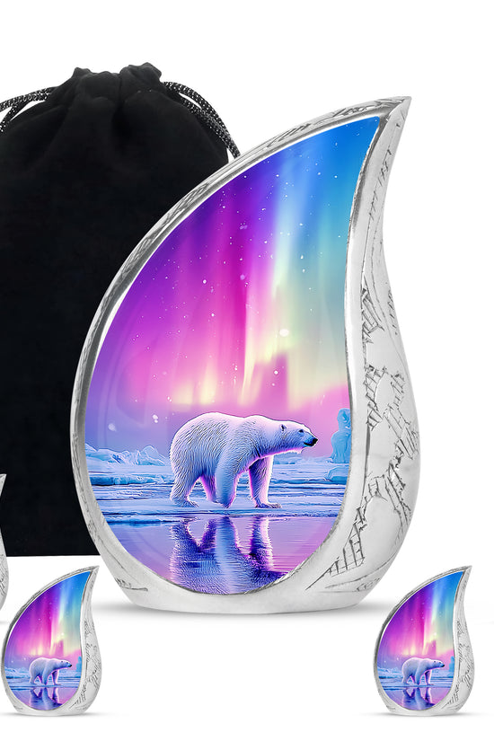 Blush Pink Bear Cremation Urn side profile showing urn shape - flowing teardrop bear silhouette on curved aluminum - memorial set with one large and four small urns