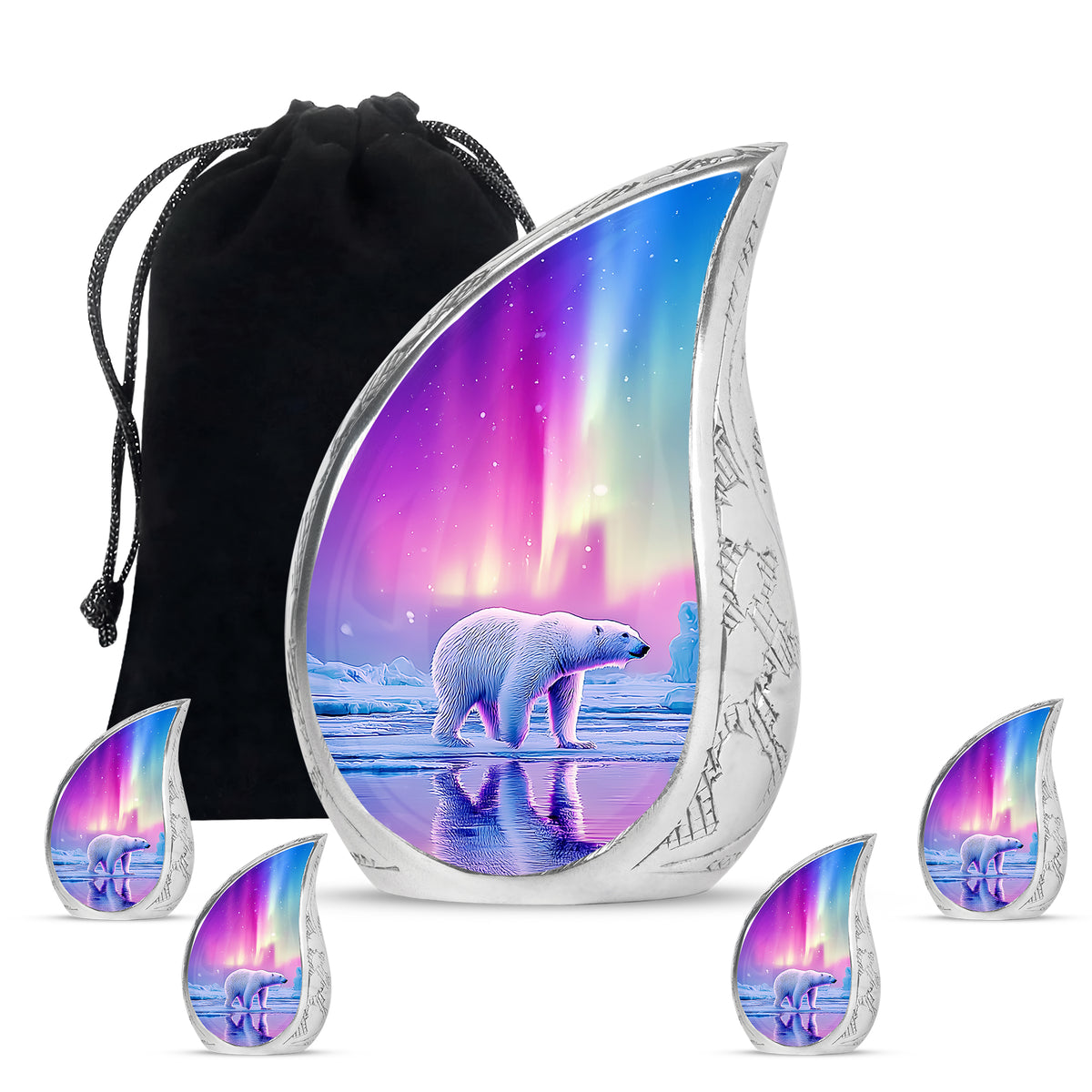 Blush Pink Bear Cremation Urn side profile showing urn shape - flowing teardrop bear silhouette on curved aluminum - memorial set with one large and four small urns