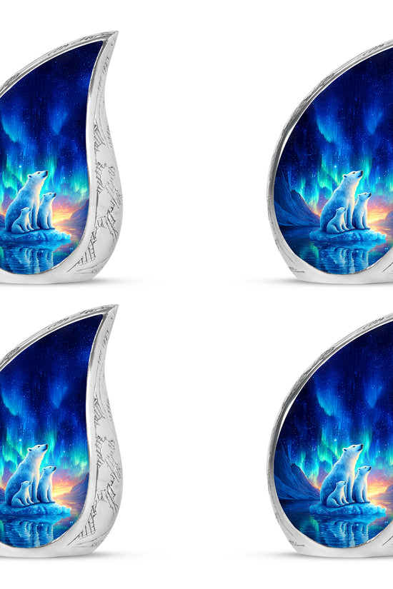 Celestial Blue Bear Cremation Urn close-up of engraving and surface detail - rounded teardrop bear design with delicate detail - 10 inch aluminum urn for cremated remains