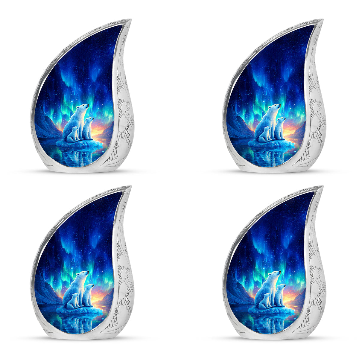 Celestial Blue Bear Cremation Urn close-up of engraving and surface detail - rounded teardrop bear design with delicate detail - 10 inch aluminum urn for cremated remains