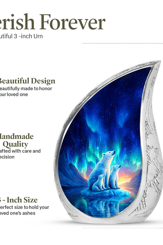 Navy Blue Bear Cremation Urn angled view of lid and engraved motif - flowing teardrop bear silhouette on curved aluminum - mini keepsake memorial for portion of cremation ashes