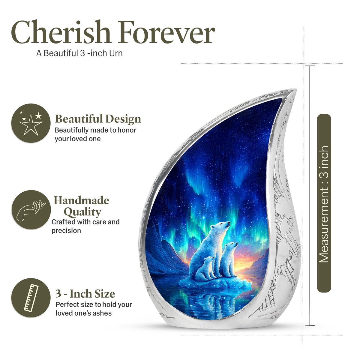 Navy Blue Bear Cremation Urn angled view of lid and engraved motif - flowing teardrop bear silhouette on curved aluminum - mini keepsake memorial for portion of cremation ashes