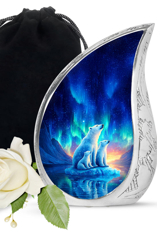 Serene Blue Bear Cremation Urn front view showing detailed design - graceful tear-shaped urn with bear motif - full-size 10 inch 200 cubic inch adult cremation urn