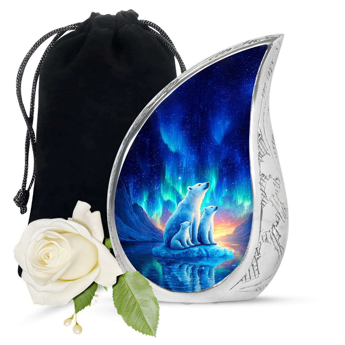 Serene Blue Bear Cremation Urn front view showing detailed design - graceful tear-shaped urn with bear motif - full-size 10 inch 200 cubic inch adult cremation urn