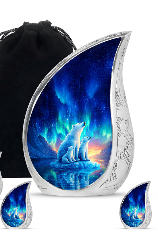 Calming Blue Bear Cremation Urn side profile showing urn shape - graceful tear-shaped urn with bear motif - memorial set with one large and four small urns