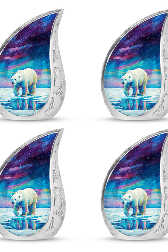 Royal Blue Bear Cremation Urn close-up of engraving and surface detail - smooth teardrop contour featuring bear art - 10 inch aluminum urn for cremated remains