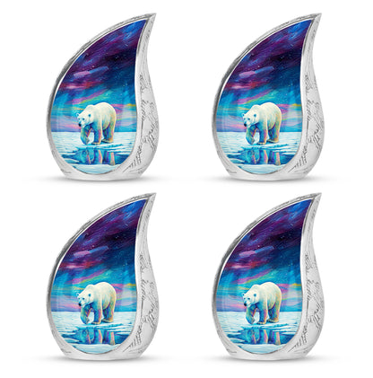 Royal Blue Bear Cremation Urn close-up of engraving and surface detail - smooth teardrop contour featuring bear art - 10 inch aluminum urn for cremated remains