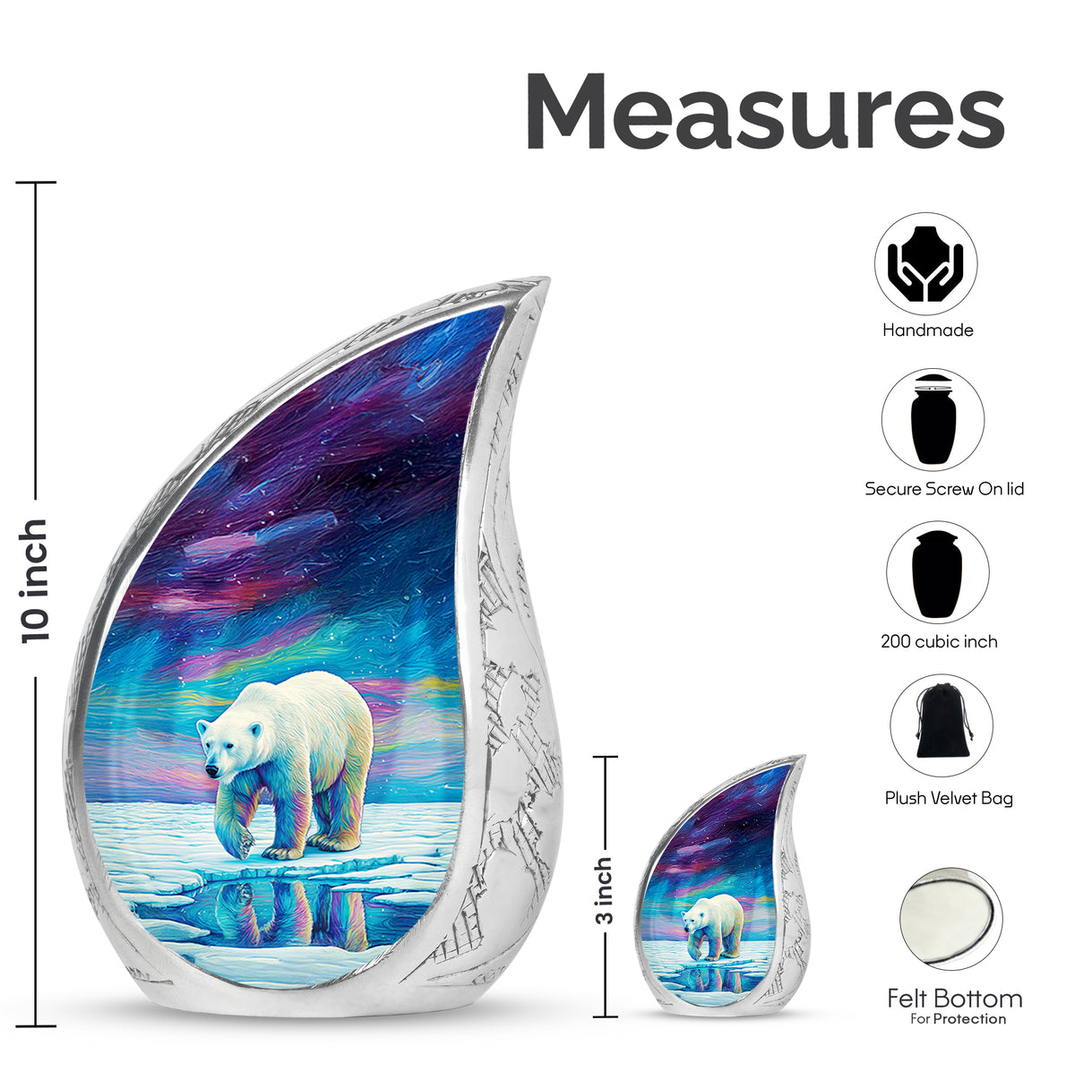 Navy Blue Bear Cremation Urn angled view of lid and engraved motif - flowing teardrop bear silhouette on curved aluminum - mini keepsake memorial for portion of cremation ashes
