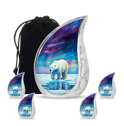 Pastel Blue Bear Cremation Urn side profile showing urn shape - flowing teardrop bear silhouette on curved aluminum - memorial set with one large and four small urns