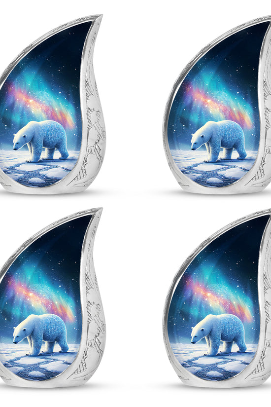 Navy Blue Bear Cremation Urn close-up of engraving and surface detail - flowing teardrop bear silhouette on curved aluminum - 10 inch aluminum urn for cremated remains