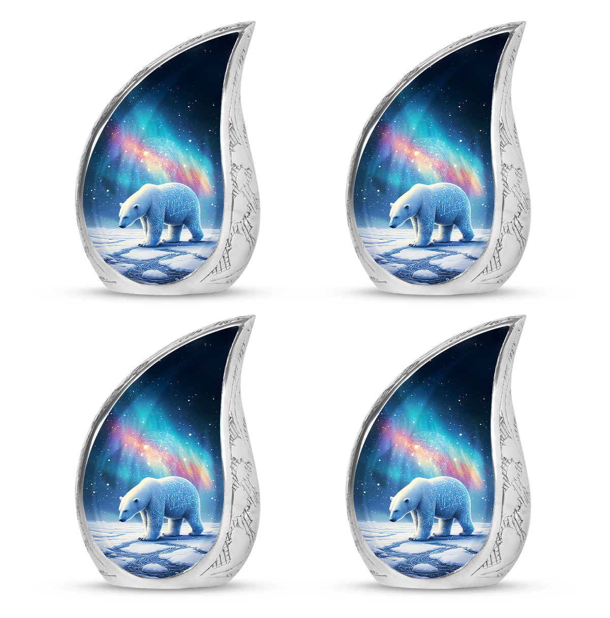 Navy Blue Bear Cremation Urn close-up of engraving and surface detail - flowing teardrop bear silhouette on curved aluminum - 10 inch aluminum urn for cremated remains