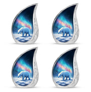 Navy Blue Bear Cremation Urn close-up of engraving and surface detail - flowing teardrop bear silhouette on curved aluminum - 10 inch aluminum urn for cremated remains