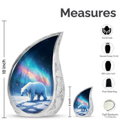 Sky Blue Bear Cremation Urn angled view of lid and engraved motif - flowing teardrop bear silhouette on curved aluminum - mini keepsake memorial for portion of cremation ashes