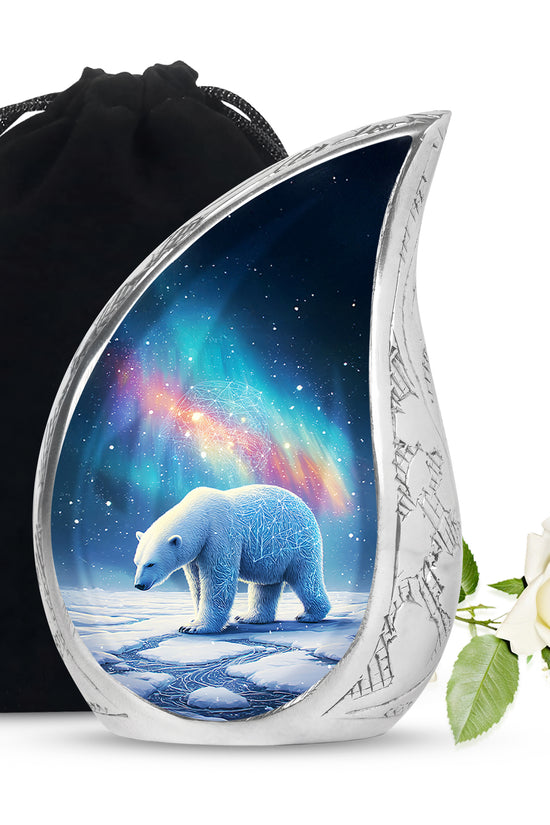 Calming Blue Bear Cremation Urn front view showing detailed design - smooth teardrop contour featuring bear art - full-size 10 inch 200 cubic inch adult cremation urn