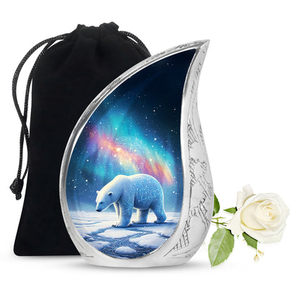 Calming Blue Bear Cremation Urn front view showing detailed design - smooth teardrop contour featuring bear art - full-size 10 inch 200 cubic inch adult cremation urn