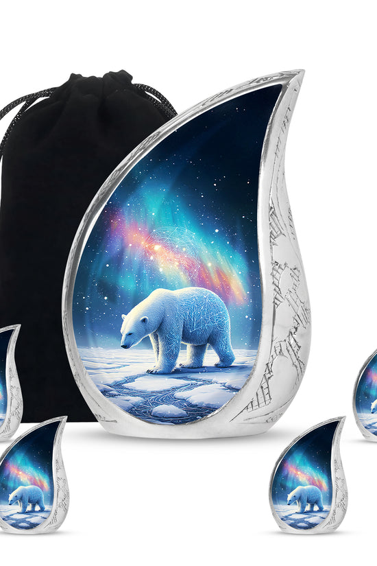 Navy Blue Bear Cremation Urn side profile showing urn shape - rounded teardrop bear design with delicate detail - memorial set with one large and four small urns