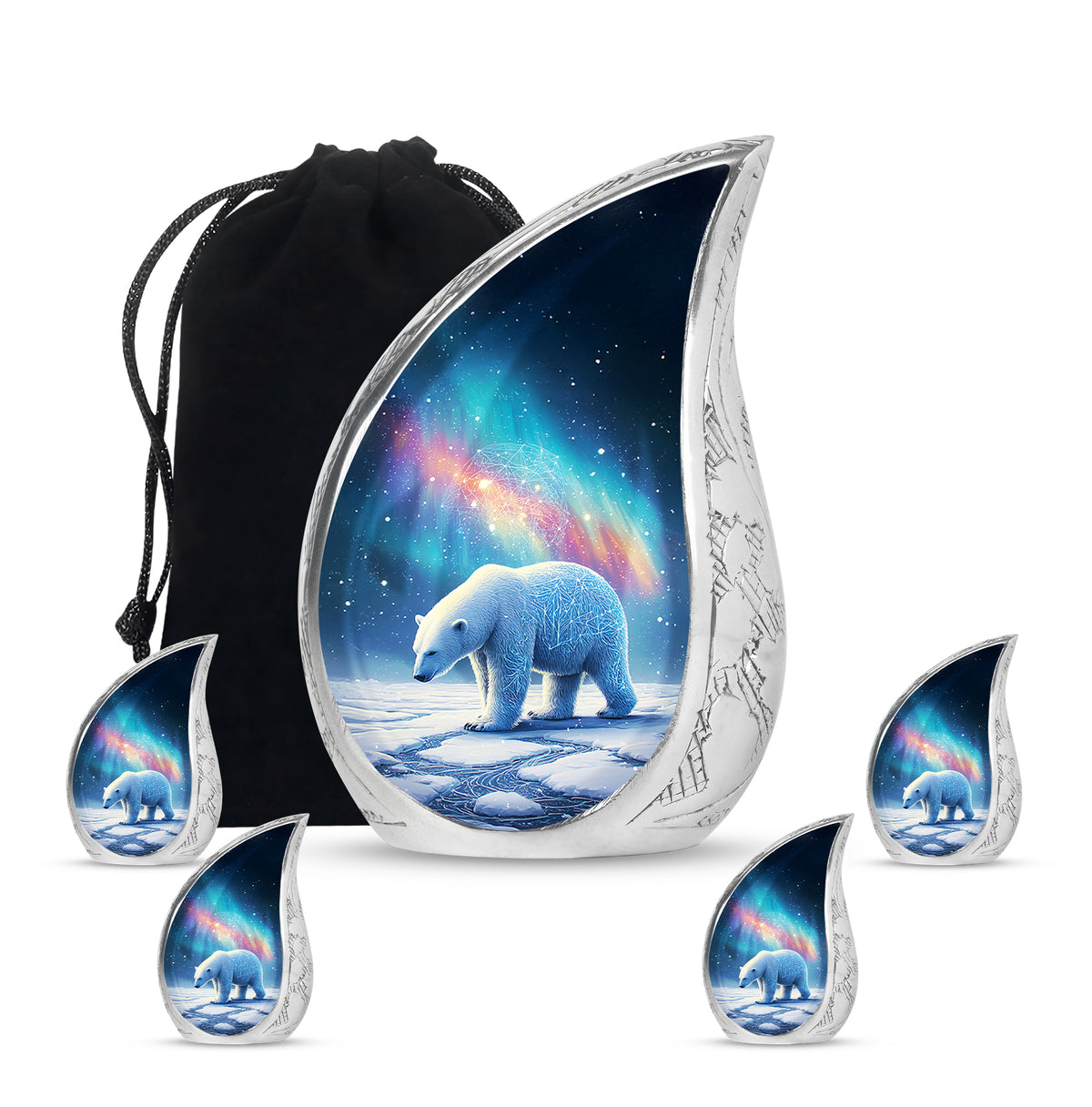 Navy Blue Bear Cremation Urn side profile showing urn shape - rounded teardrop bear design with delicate detail - memorial set with one large and four small urns