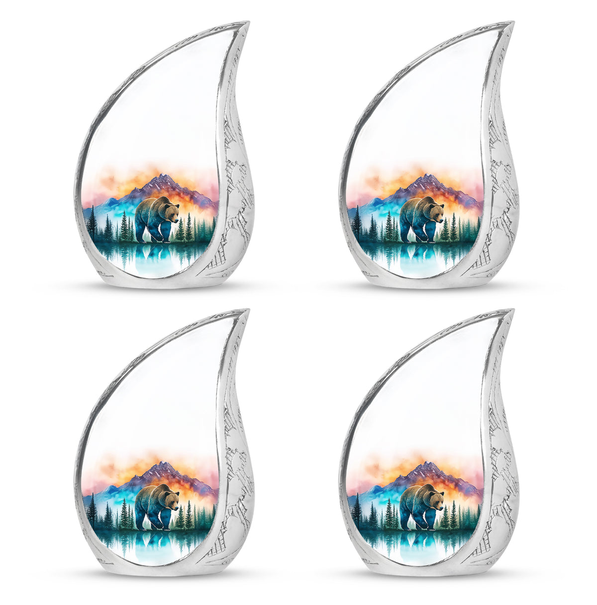 Brushed Silver Bear Cremation Urn close-up of engraving and surface detail - flowing teardrop bear silhouette on curved aluminum - 10 inch aluminum urn for cremated remains