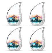 Brushed Silver Bear Cremation Urn close-up of engraving and surface detail - flowing teardrop bear silhouette on curved aluminum - 10 inch aluminum urn for cremated remains