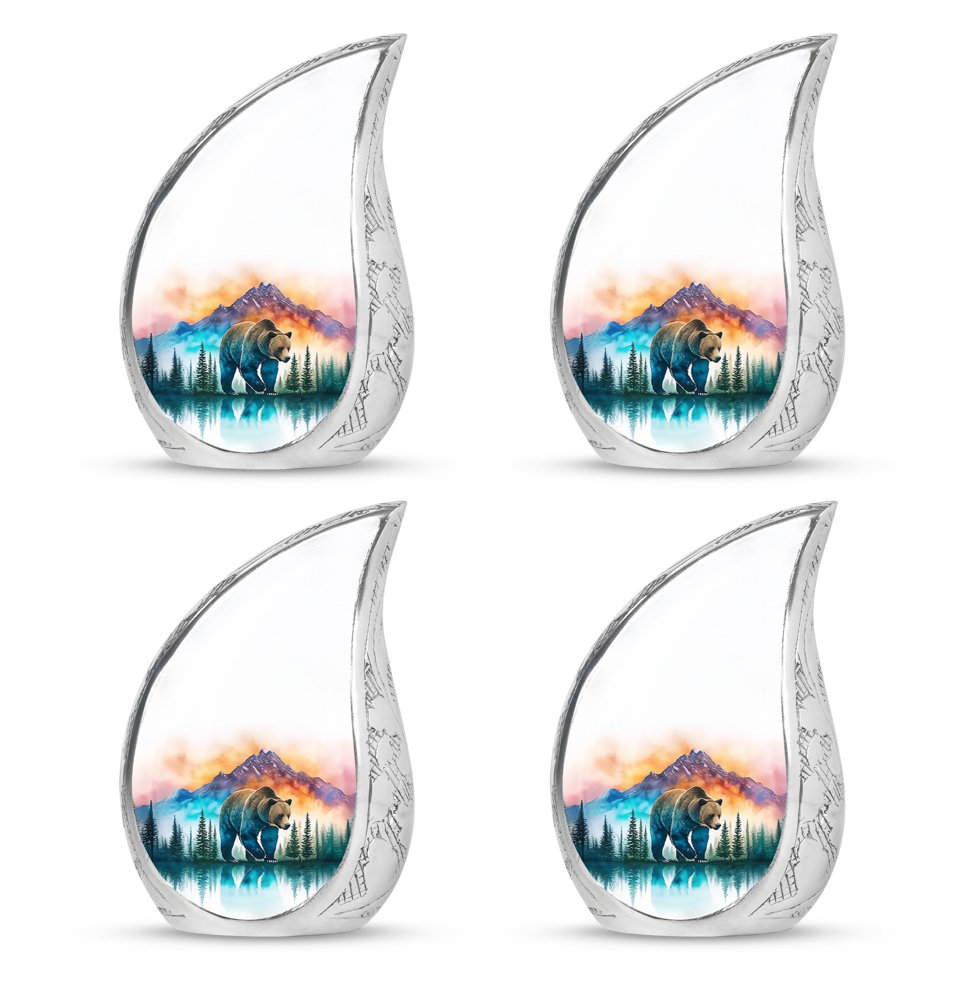 Brushed Silver Bear Cremation Urn close-up of engraving and surface detail - flowing teardrop bear silhouette on curved aluminum - 10 inch aluminum urn for cremated remains