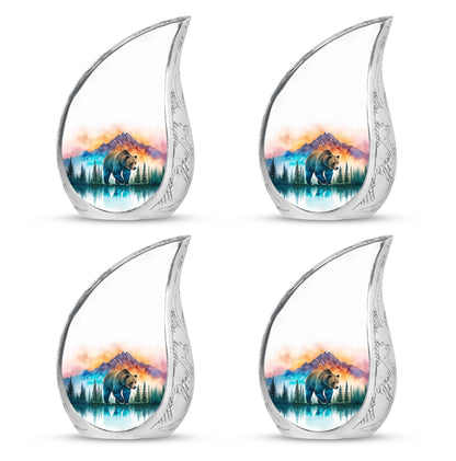 Brushed Silver Bear Cremation Urn close-up of engraving and surface detail - flowing teardrop bear silhouette on curved aluminum - 10 inch aluminum urn for cremated remains