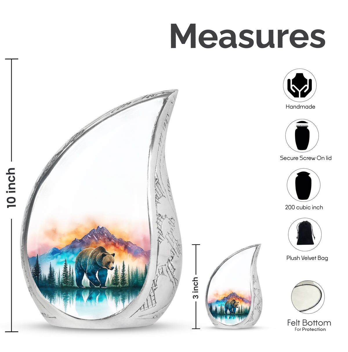 Brushed Silver Bear Cremation Urn angled view of lid and engraved motif - flowing teardrop bear silhouette on curved aluminum - mini keepsake memorial for portion of cremation ashes