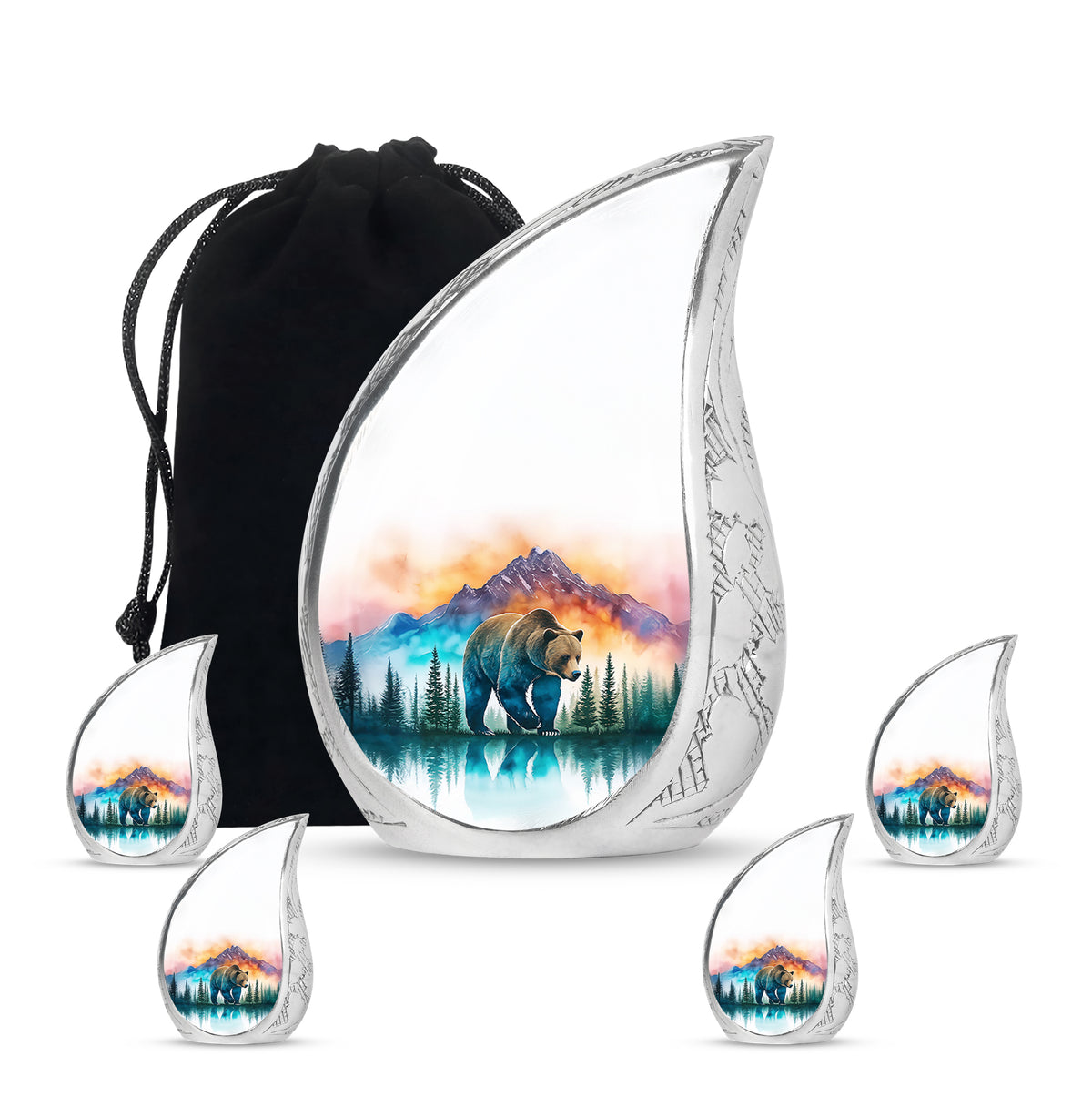 Chrome Silver Bear Cremation Urn side profile showing urn shape - graceful tear-shaped urn with bear motif - memorial set with one large and four small urns