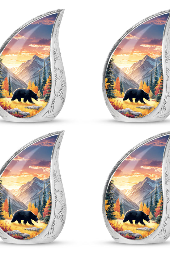 Matte Gold Bear Cremation Urn close-up of engraving and surface detail - smooth teardrop contour featuring bear art - 10 inch aluminum urn for cremated remains