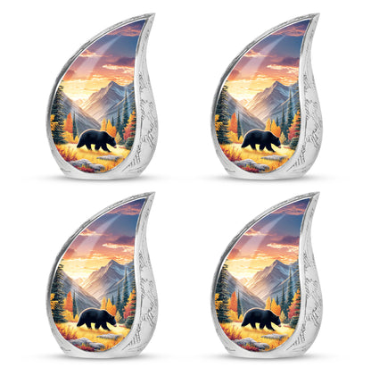 Matte Gold Bear Cremation Urn close-up of engraving and surface detail - smooth teardrop contour featuring bear art - 10 inch aluminum urn for cremated remains