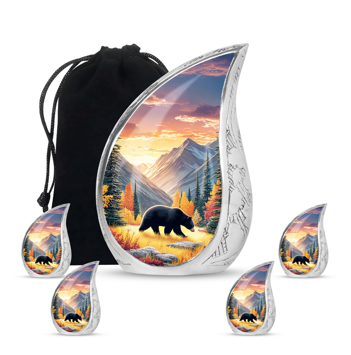 Sunrise Gold Bear Cremation Urn side profile showing urn shape - flowing teardrop bear silhouette on curved aluminum - memorial set with one large and four small urns