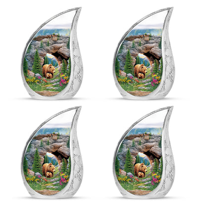 Pine Green Bear Cremation Urn close-up of engraving and surface detail - smooth teardrop contour featuring bear art - 10 inch aluminum urn for cremated remains