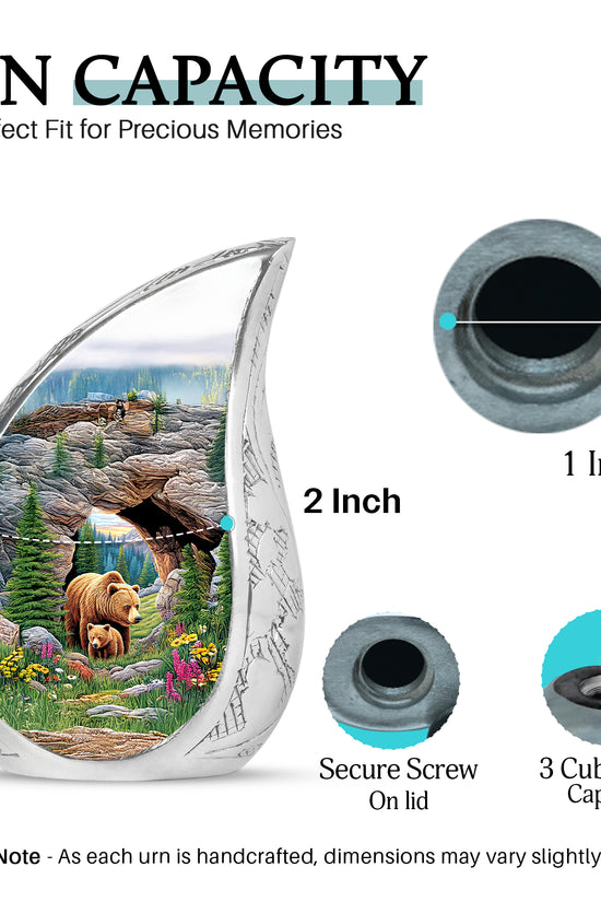 Forest Green Bear Cremation Urn angled view of lid and engraved motif - graceful tear-shaped urn with bear motif - mini keepsake memorial for portion of cremation ashes