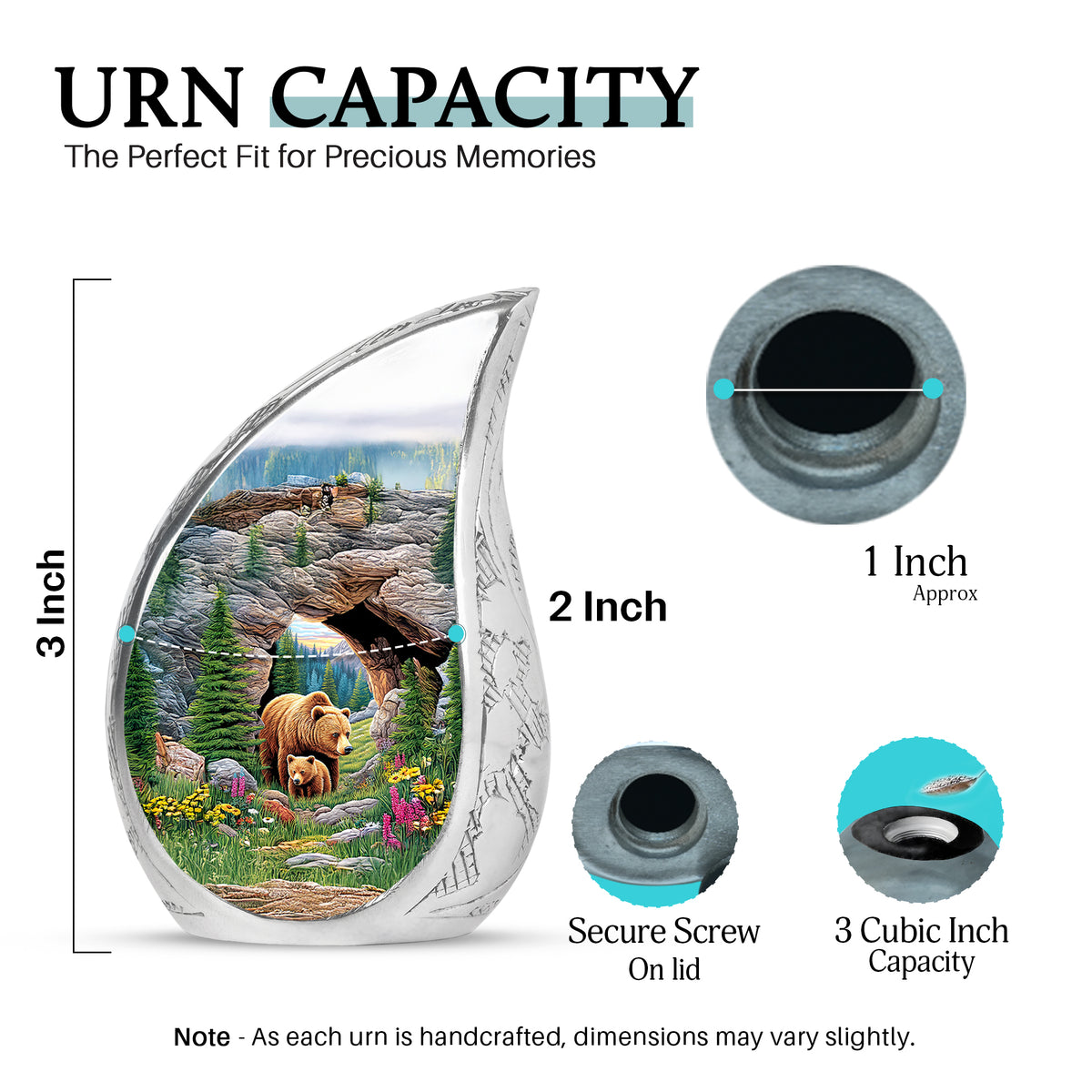 Forest Green Bear Cremation Urn angled view of lid and engraved motif - graceful tear-shaped urn with bear motif - mini keepsake memorial for portion of cremation ashes