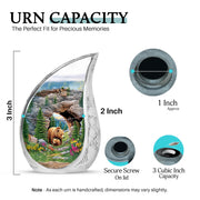 Forest Green Bear Cremation Urn angled view of lid and engraved motif - graceful tear-shaped urn with bear motif - mini keepsake memorial for portion of cremation ashes