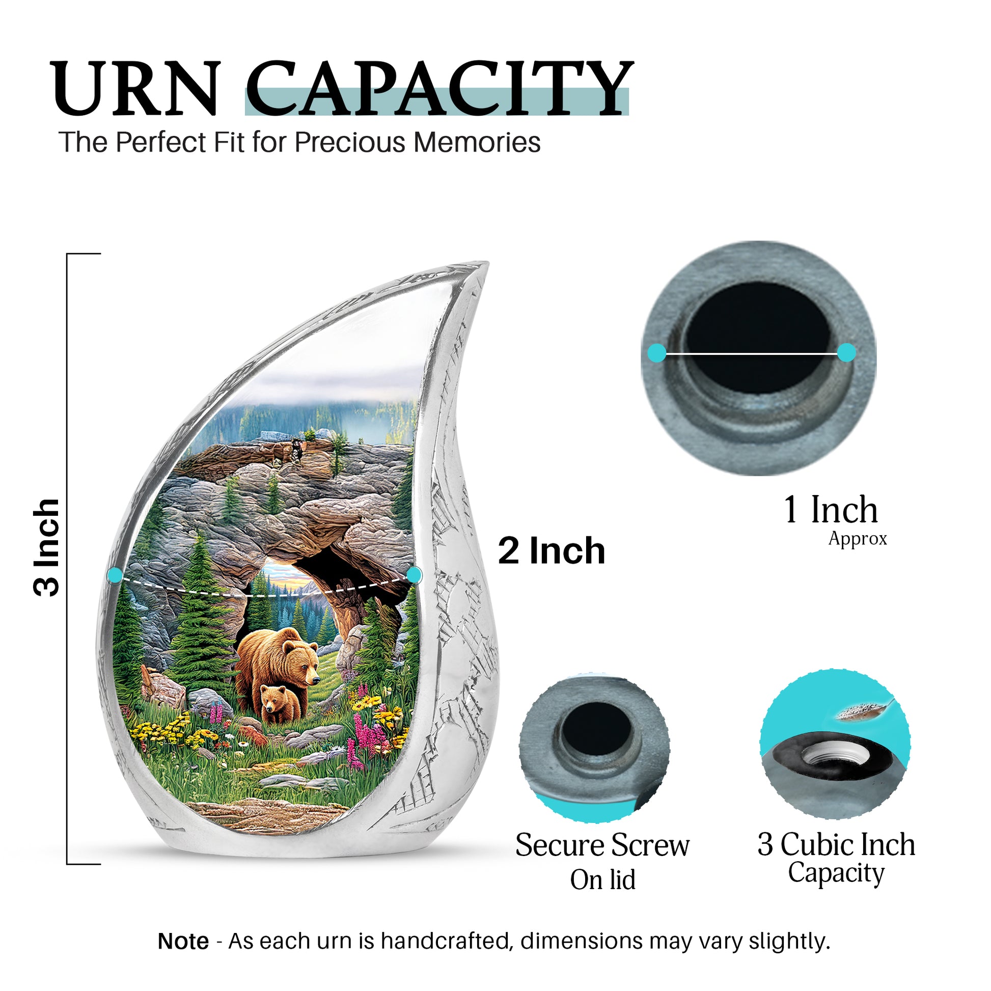 Forest Green Bear Cremation Urn angled view of lid and engraved motif - graceful tear-shaped urn with bear motif - mini keepsake memorial for portion of cremation ashes