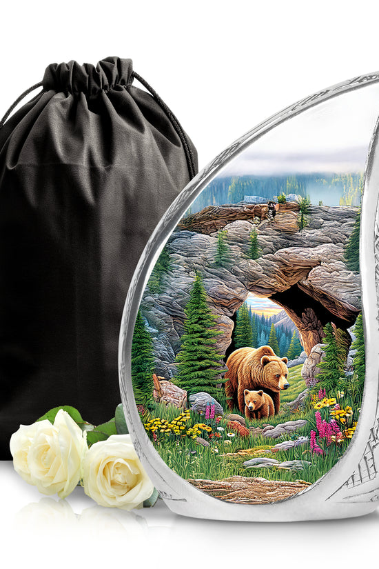 Olive Green Bear Cremation Urn front view showing detailed design - graceful tear-shaped urn with bear motif - full-size 10 inch 200 cubic inch adult cremation urn