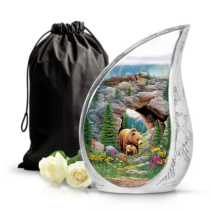 Olive Green Bear Cremation Urn front view showing detailed design - graceful tear-shaped urn with bear motif - full-size 10 inch 200 cubic inch adult cremation urn