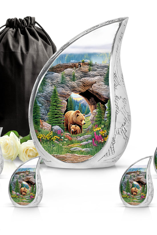 Moss Green Bear Cremation Urn side profile showing urn shape - flowing teardrop bear silhouette on curved aluminum - memorial set with one large and four small urns
