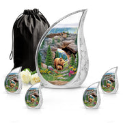 Moss Green Bear Cremation Urn side profile showing urn shape - flowing teardrop bear silhouette on curved aluminum - memorial set with one large and four small urns