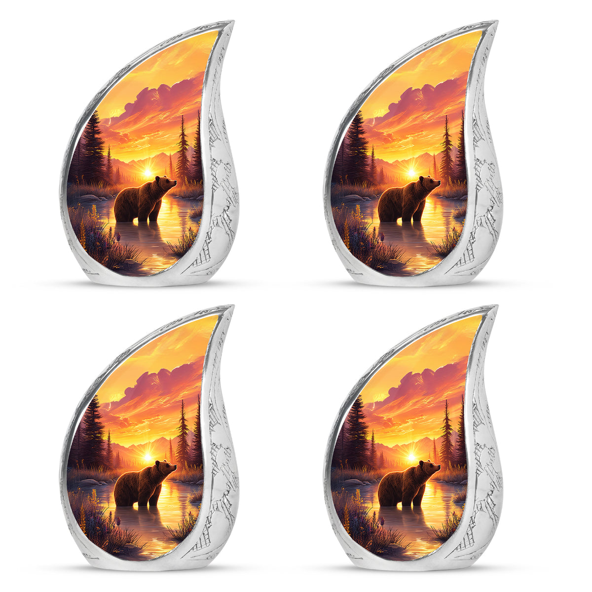 Garnet Red Bear Cremation Urn close-up of engraving and surface detail - flowing teardrop bear silhouette on curved aluminum - 10 inch aluminum urn for cremated remains