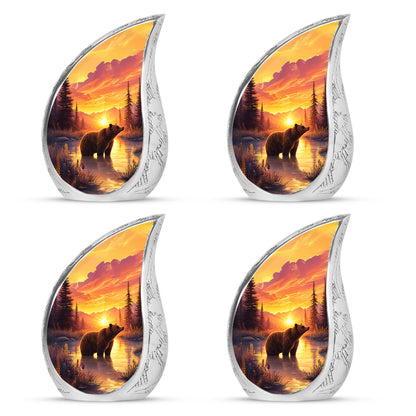 Garnet Red Bear Cremation Urn close-up of engraving and surface detail - flowing teardrop bear silhouette on curved aluminum - 10 inch aluminum urn for cremated remains