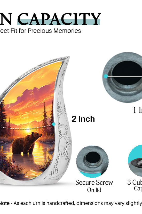 Fiery Red Bear Cremation Urn angled view of lid and engraved motif - smooth teardrop contour featuring bear art - mini keepsake memorial for portion of cremation ashes