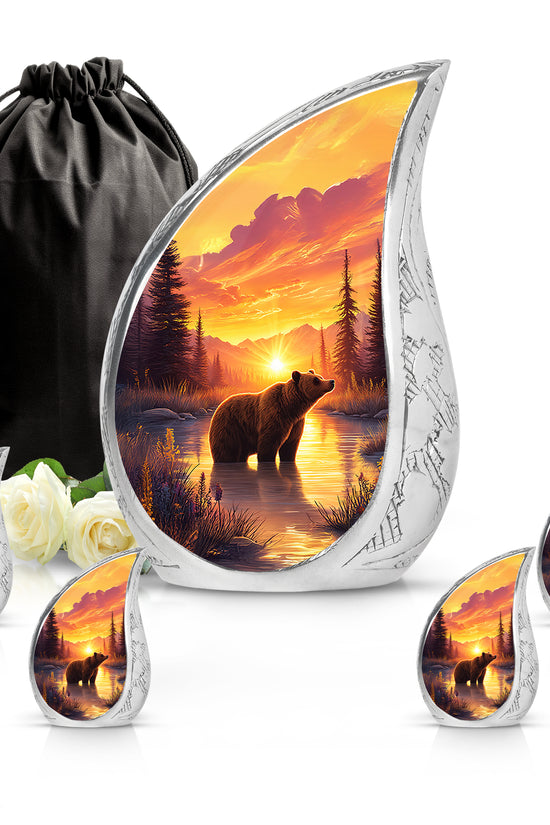 Ruby Red Bear Cremation Urn side profile showing urn shape - graceful tear-shaped urn with bear motif - memorial set with one large and four small urns