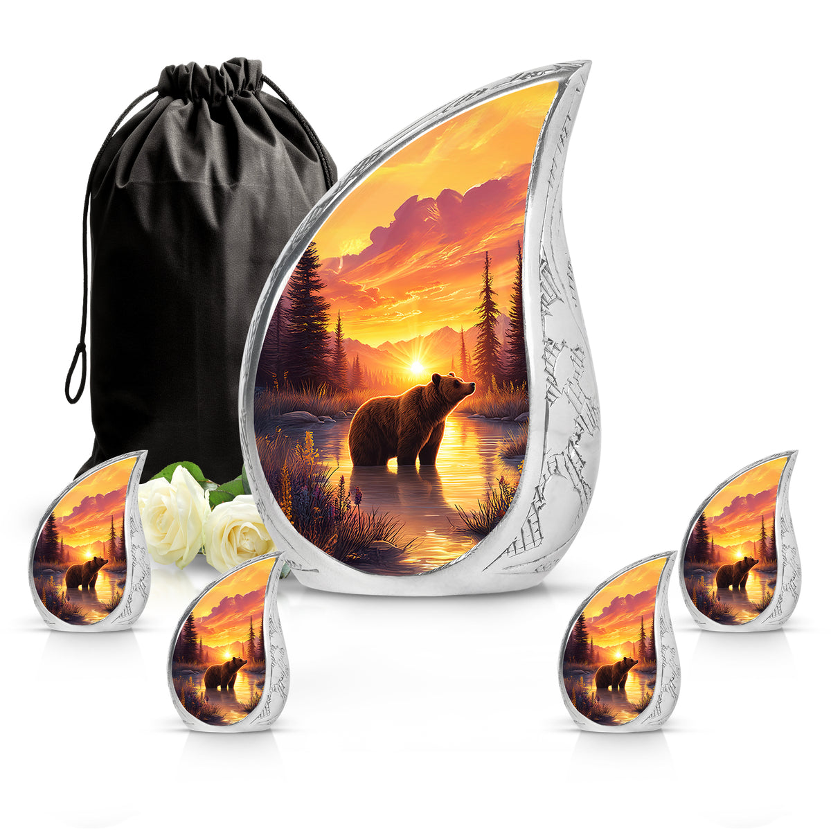 Ruby Red Bear Cremation Urn side profile showing urn shape - graceful tear-shaped urn with bear motif - memorial set with one large and four small urns