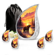 Ruby Red Bear Cremation Urn side profile showing urn shape - graceful tear-shaped urn with bear motif - memorial set with one large and four small urns